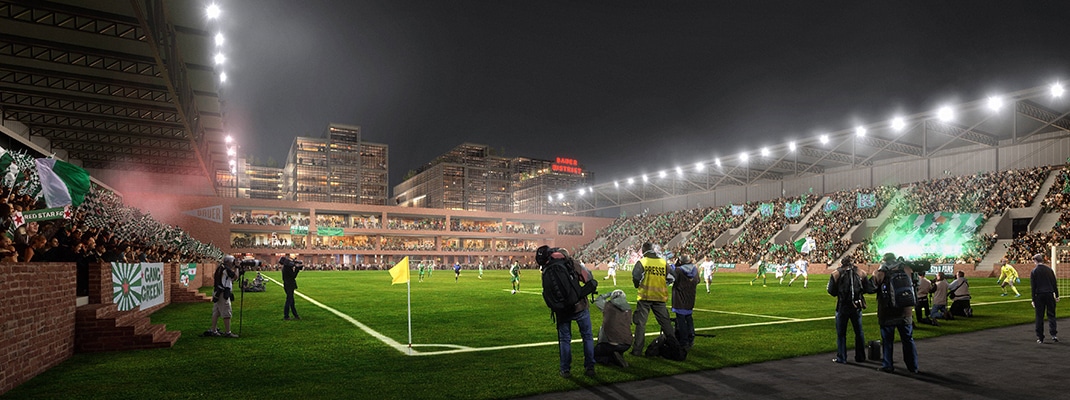 Le stade “Bauer District” présenté par le groupement “Réalités” qui avait remporté le concours du futur stade du FC Nantes … avant que celui-ci ne tombe aux oubliettes.