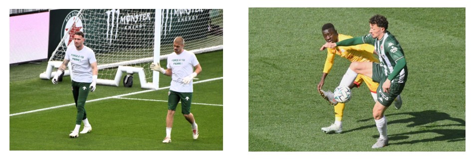 A gauche, les deux gardiens du Red Star, Gaël Poussin et Quentin Beunardeau rendent hommage au défenseur. A droite, Pierre Lemonnier face au Mans
© Gérard Valck